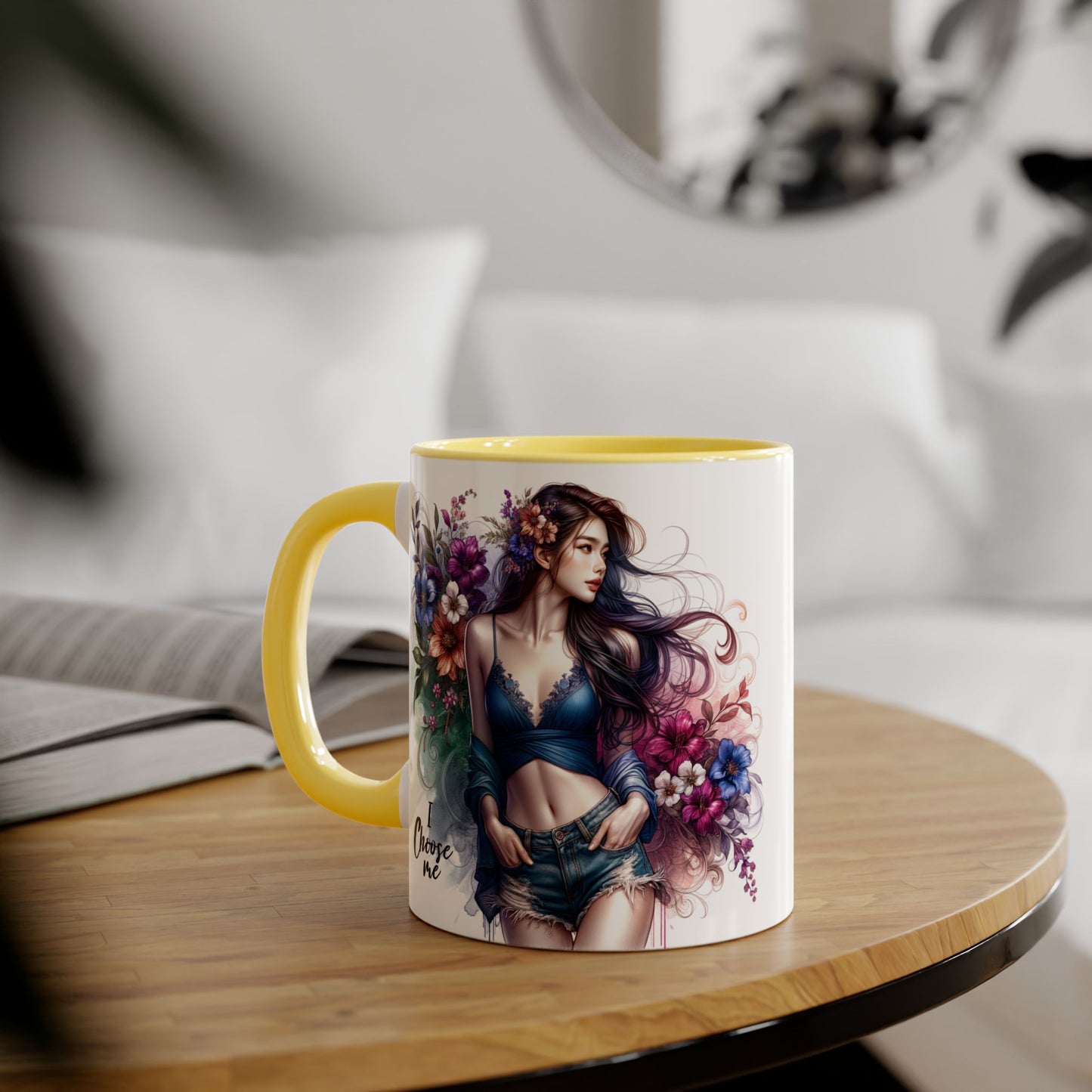 Floral Accent Mug, I Choose Me Design, Artistic Coffee Cup, Gift for Her, Home Décor, Tea Lover’s Essential
