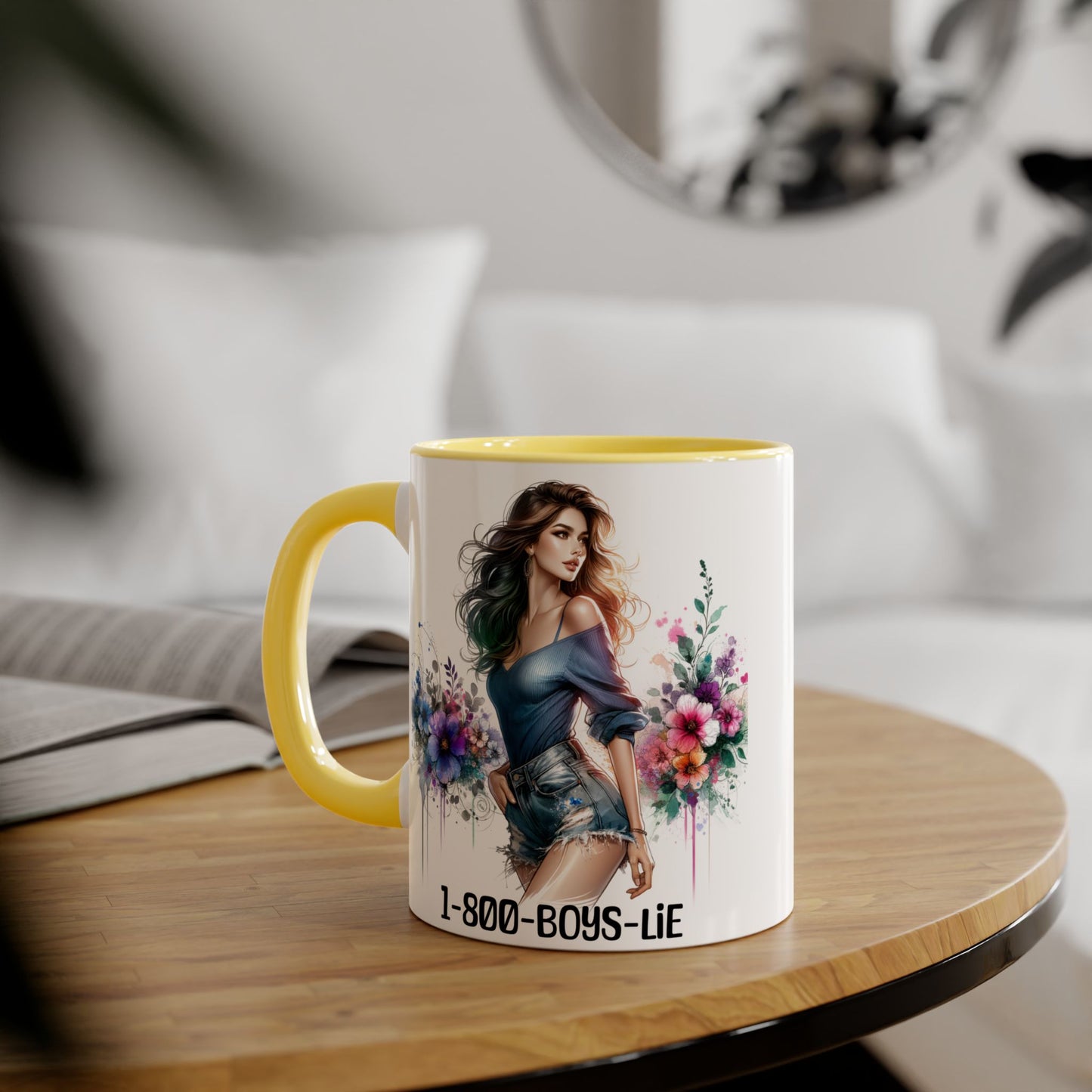 Chic Watercolor Accent Mugs, Floral Coffee Cup, Gift for Her, Trendy Drinkware, Unique Office Mug, 1-800-BOYS-LIE