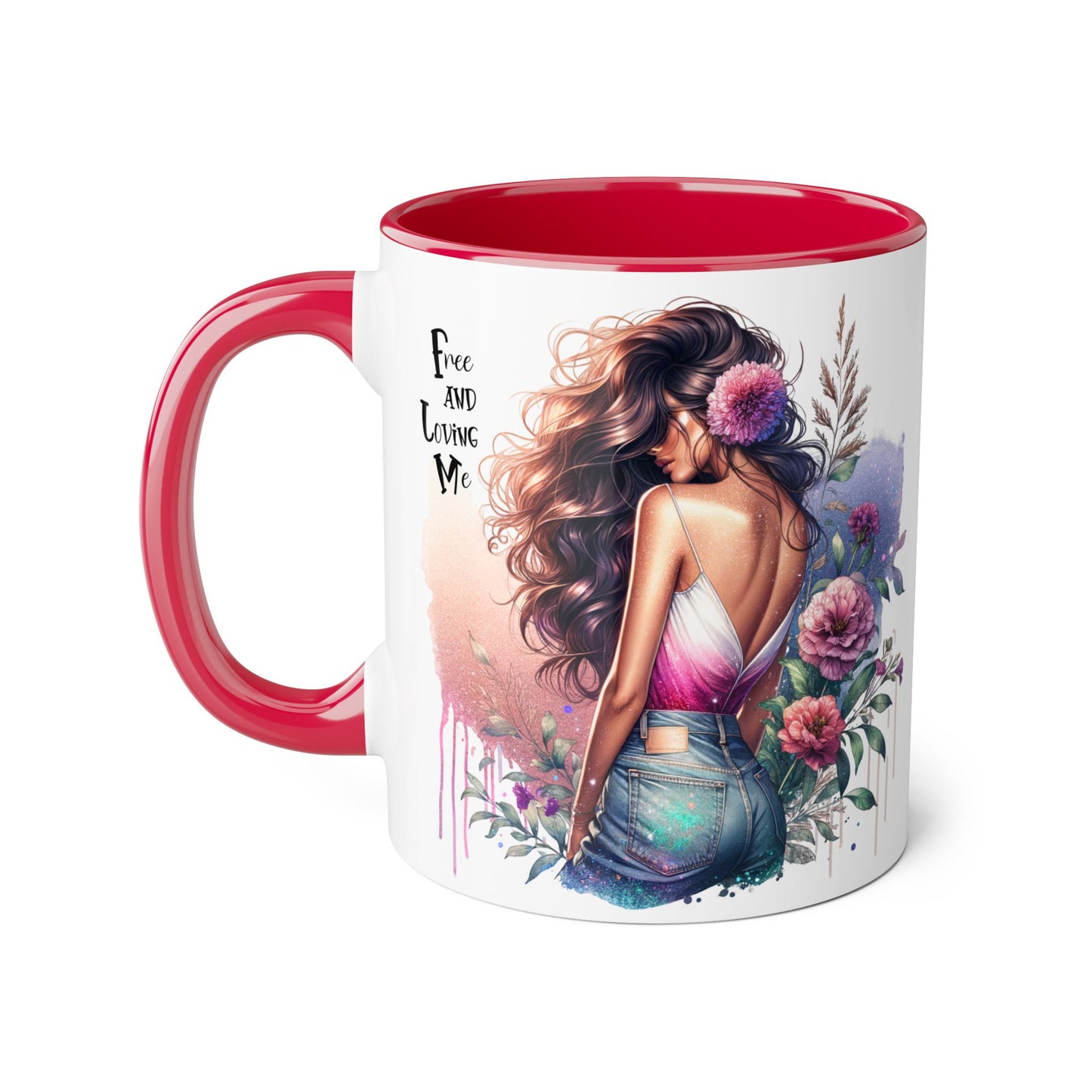 Free and Loving Me Boho Floral Accent Mug, 11oz Coffee Cup, Inspirational Mug for Women, Gift for Friends, Cozy Home Decor, Self-Love Reminder
