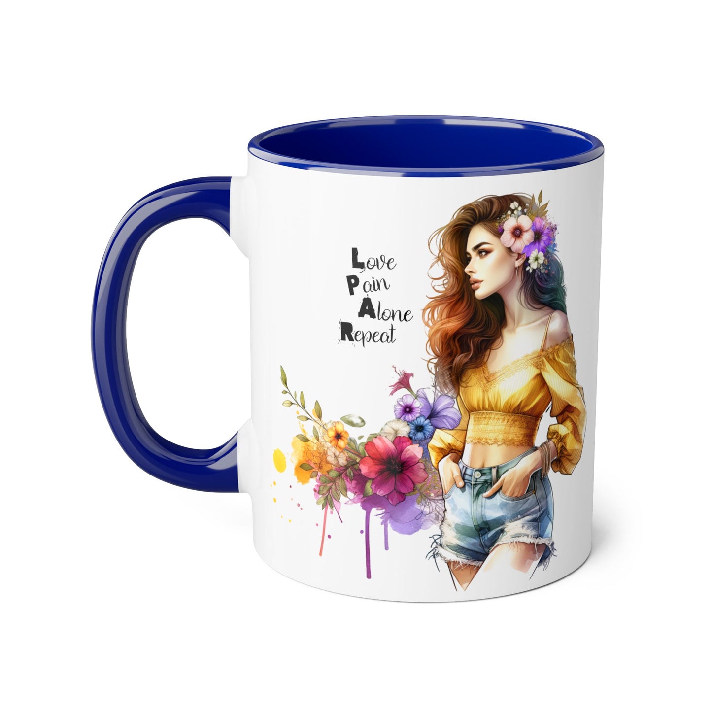 Colorful Floral Accent Mug, Love Pain Alone Repeat, Inspirational Coffee Cup, Gift for Friends, Art Lover Mug
