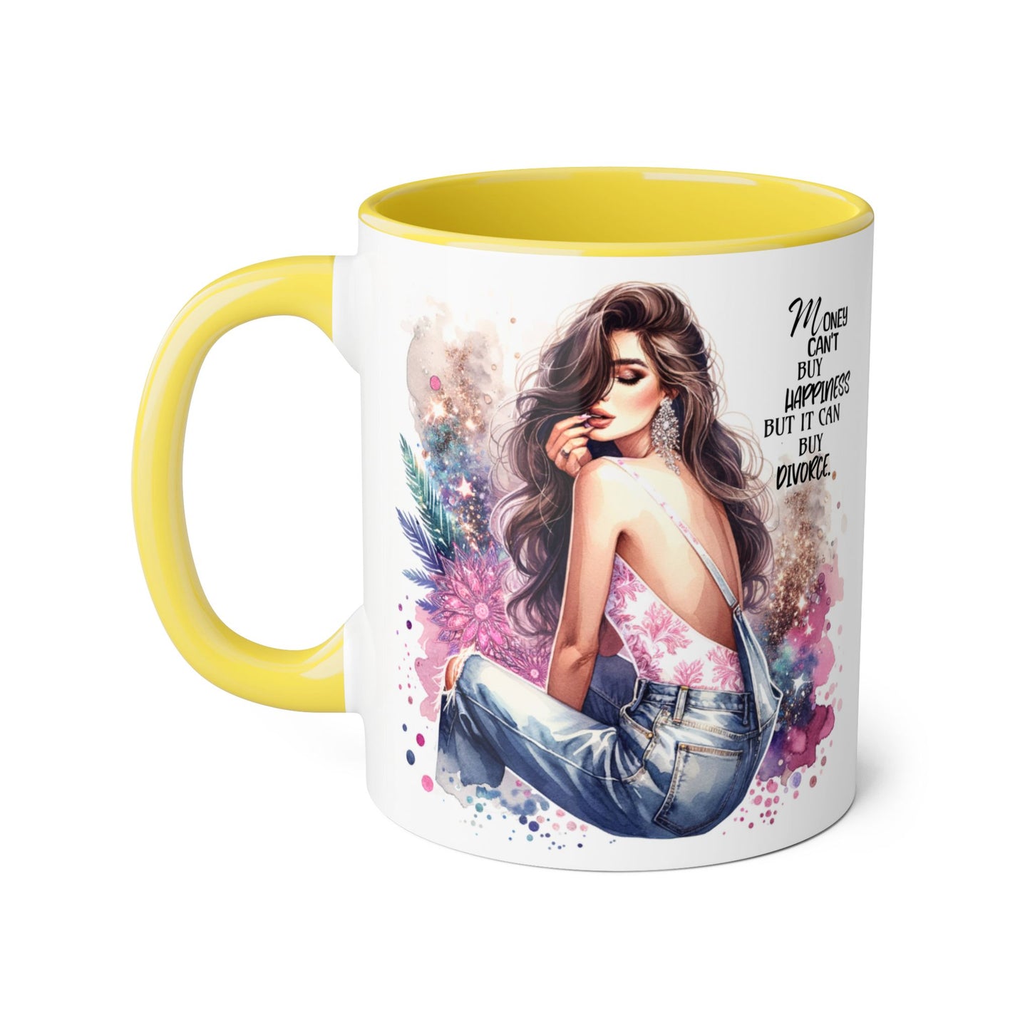 Money Can't Buy Happiness But It Can Buy Divorce Humoristic Artistic Inspirational Mug, Stylish Coffee Cup for Motivation, Unique Gift for Friends, Home Décor, Floral Design