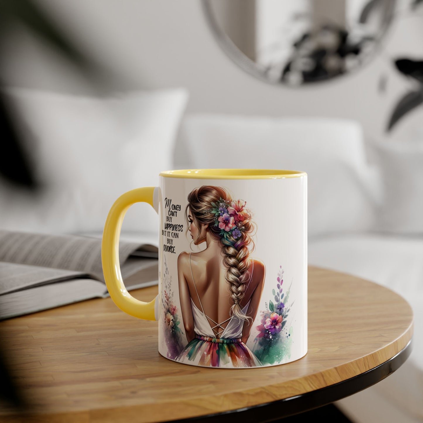 Money Can't Buy Happiness But It Can Buy Divorce Humoristic Inspirational Floral Accent Mug, 11oz Coffee Cup for Moms, Uplifting Gift for Mother's Day, Motivational Drinkware, Unique Art Mug