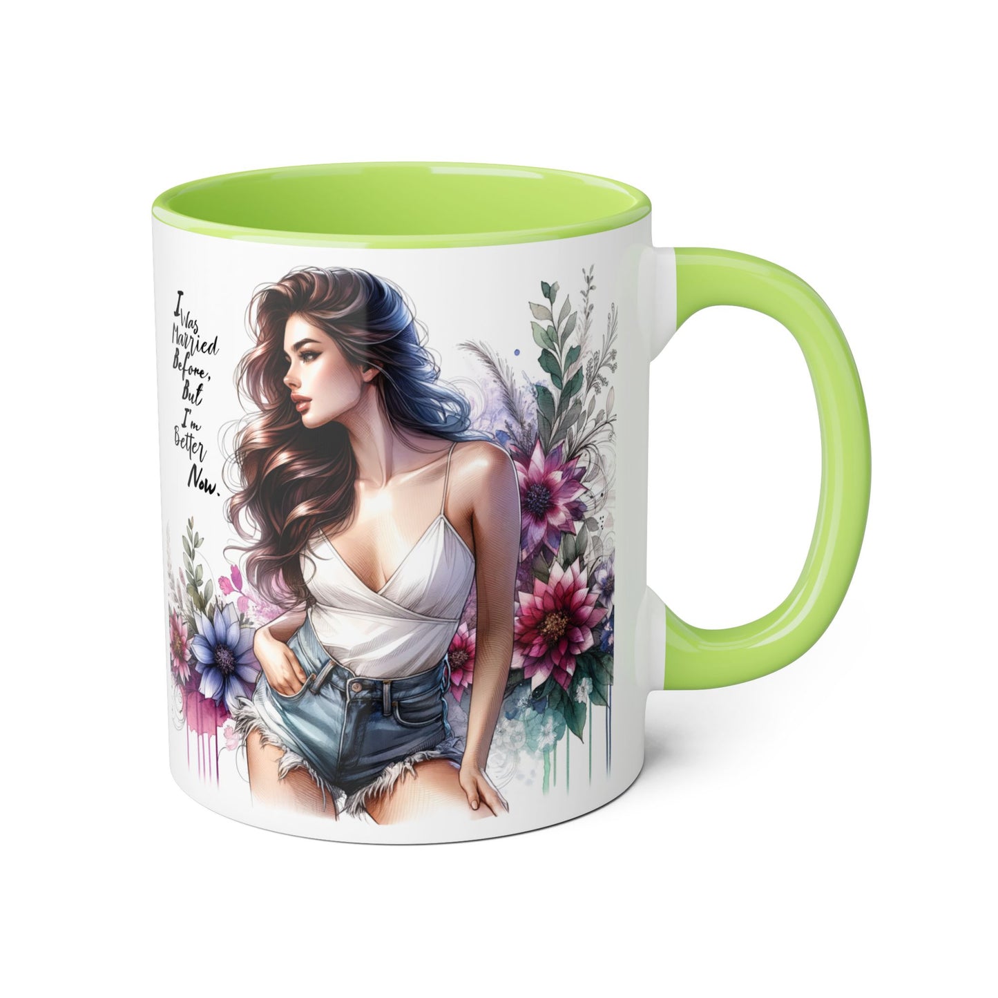 I Was Married Before But I'm Better Now Humoristic Elegant Floral Accent Mug - Inspirational Quote Coffee Cup, Gift for Her, Home Office Decor, Self-Care, Birthday Present