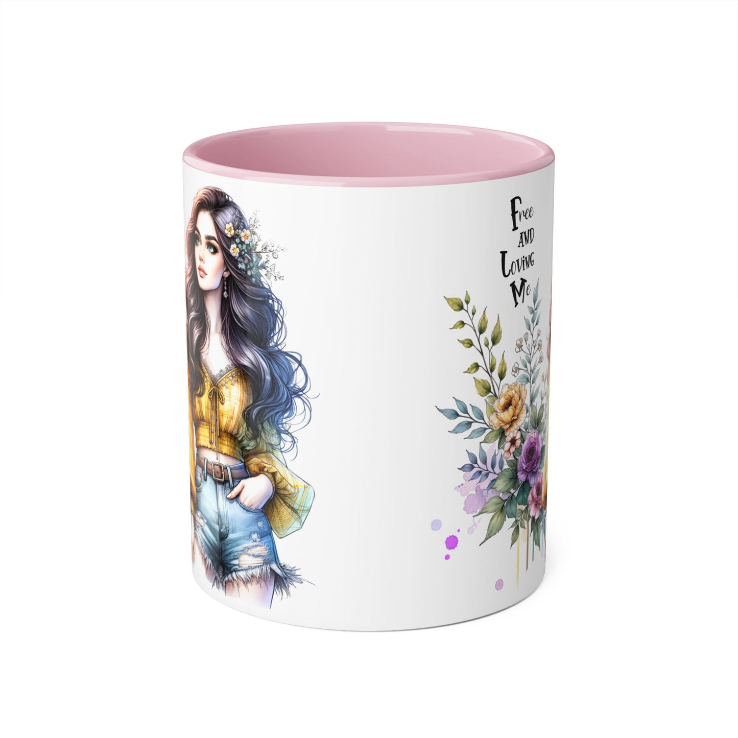 Bohemian Floral Accent Mug, Free and Loving Me Coffee Cup, Gift for Her, Unique Art Mug, Morning Beverage Lover's Gift