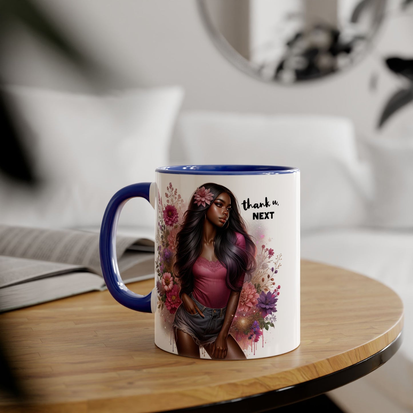 Thank U, Next Floral Artistic Accent Mug, Thank You Next Coffee Cup, Colorful Gift for Her, Boho Style Ceramic Mug, Unique Tea Mug