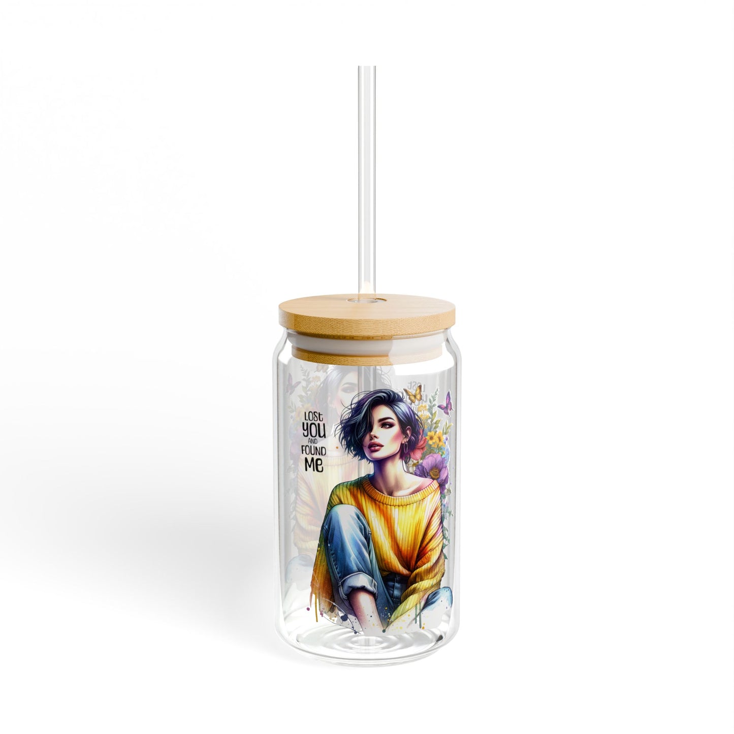 Lost You and Found Me Artistic Sipper Glass, 16oz - Floral Design Drinkware, Unique Gift for Her, Eco-Friendly Cup, Summer Beverage Glass