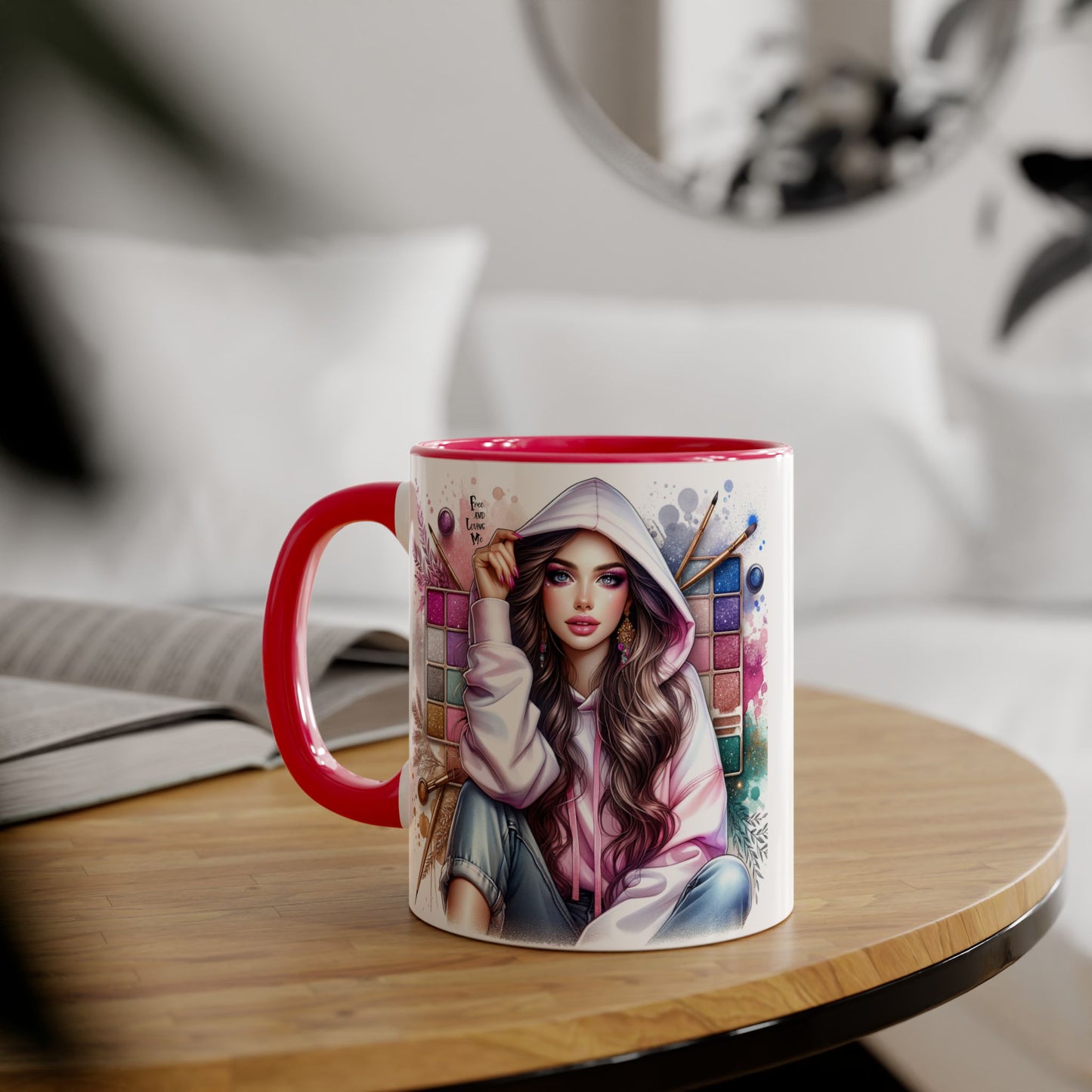 Free and Loving Me Artistic Accent Mugs, Fashionista Gift, Makeup Artist Coffee Cup, Unique Artistic Mug, Stylish Beverage Container, Creative Decor