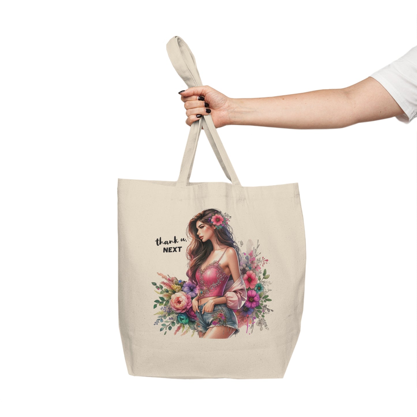 Thank U, Next Floral Canvas Tote Bag - Chic Shopping Bag, Earth-Friendly Tote, Gift for Her, Market Bag, Summer Accessory, Thanks Next Design