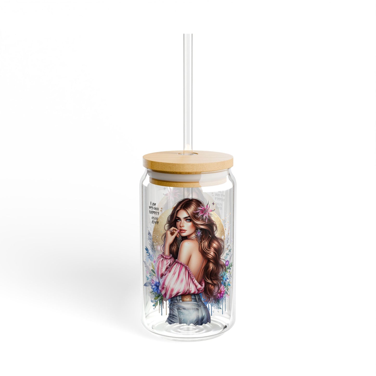 I Am My Own Happily Ever After Artistic Sipper Glass with Straw - 16oz, Personalized Drinkware for Party, Home, Summer, Cute Gift for Her, Floral Design