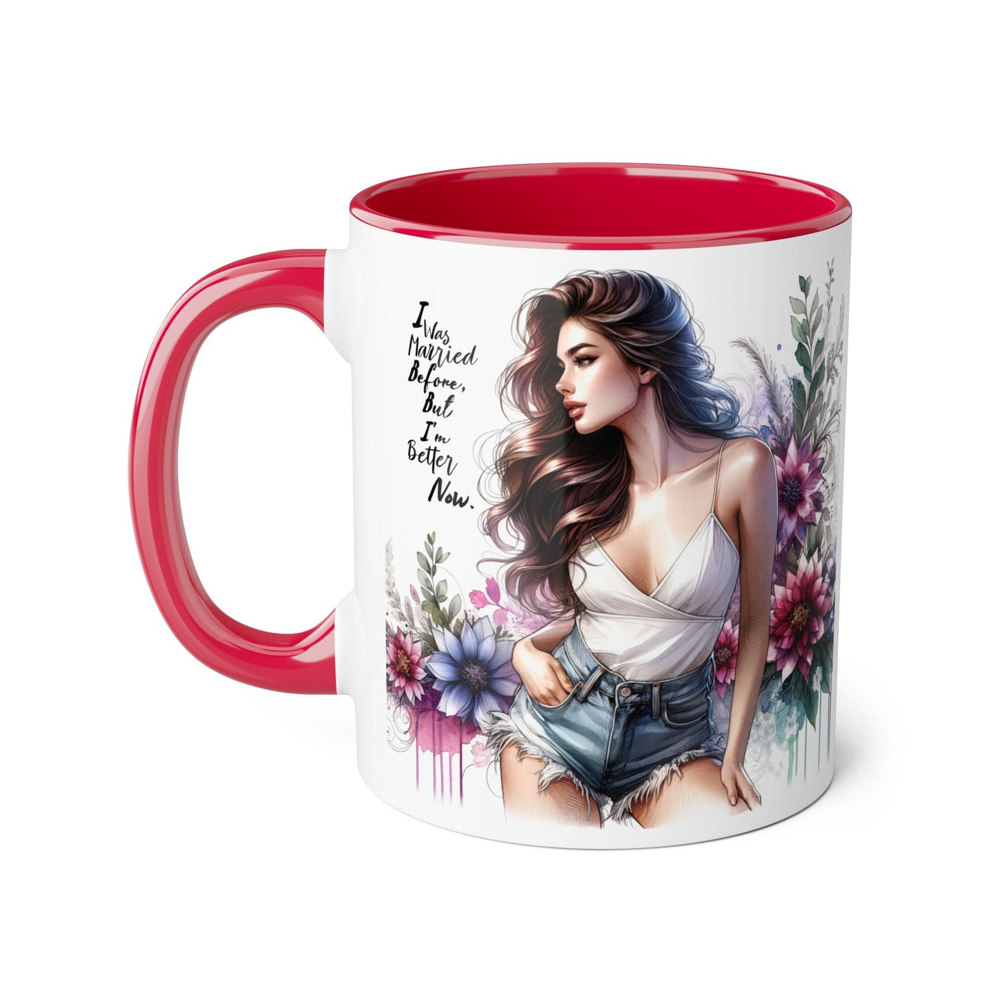 I Was Married Before But I'm Better Now Humoristic Elegant Floral Accent Mug - Inspirational Quote Coffee Cup, Gift for Her, Home Office Decor, Self-Care, Birthday Present