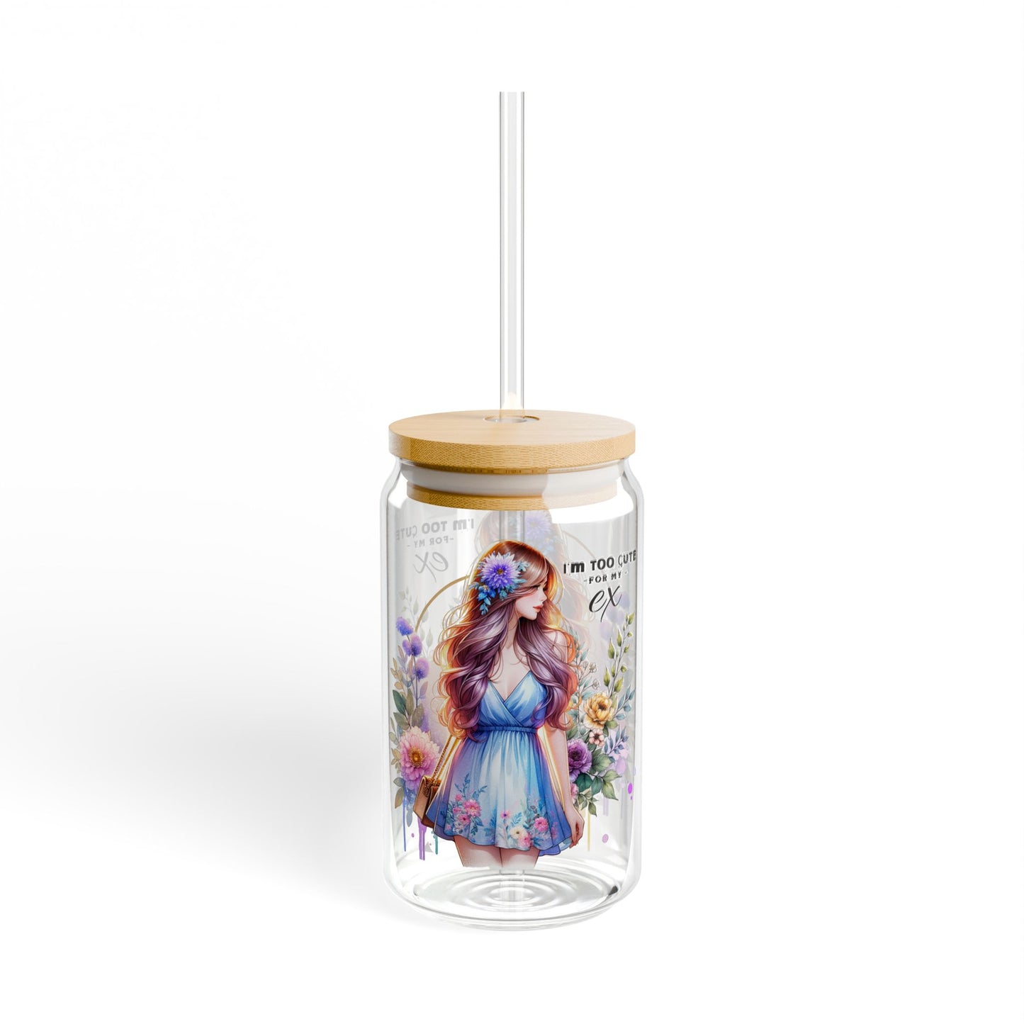 I'm Too Cute For My Ex Floral Sipper Glass, 16oz - Personalized Drinkware for Women, Summer Picnic, Handcrafted Gift, Eco-Friendly, Cute Beverage Container