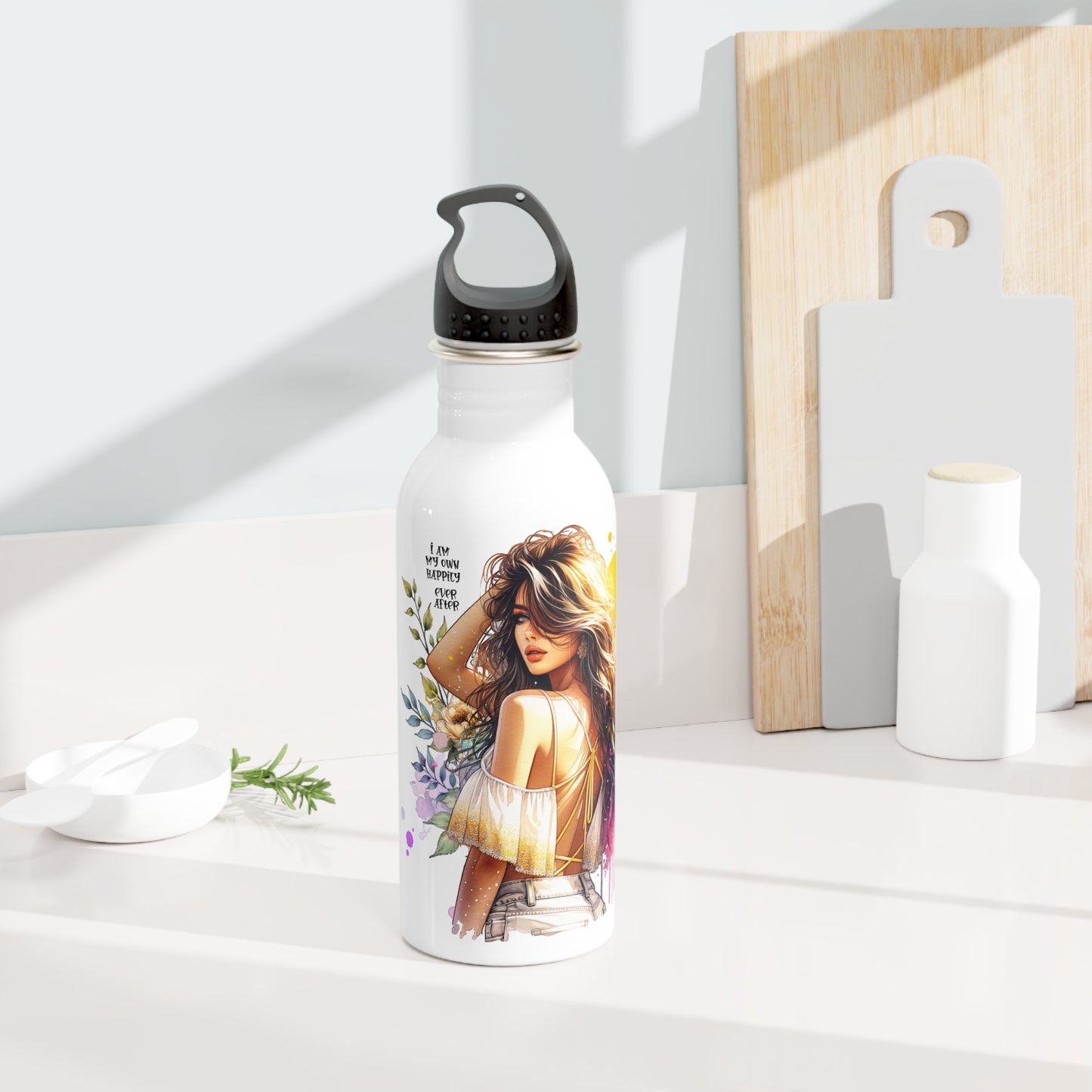 I Am My Own Happily Ever After Stylish Stainless Steel Water Bottle, Eco-Friendly Gift, Floral Design, Inspirational Quote, Outdoor Adventure and Fitness Gear