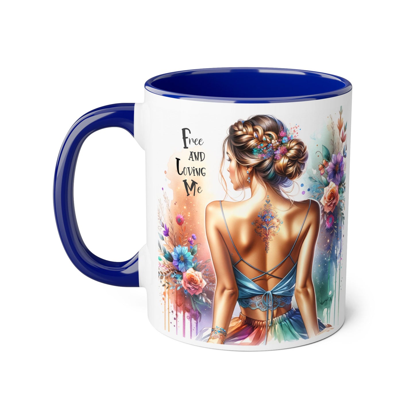 Artistic Floral Accent Mug, Free and Loving Me Ceramic Coffee Cup, Inspirational Gift, Unique Drinkware, Bohemian Style Mug