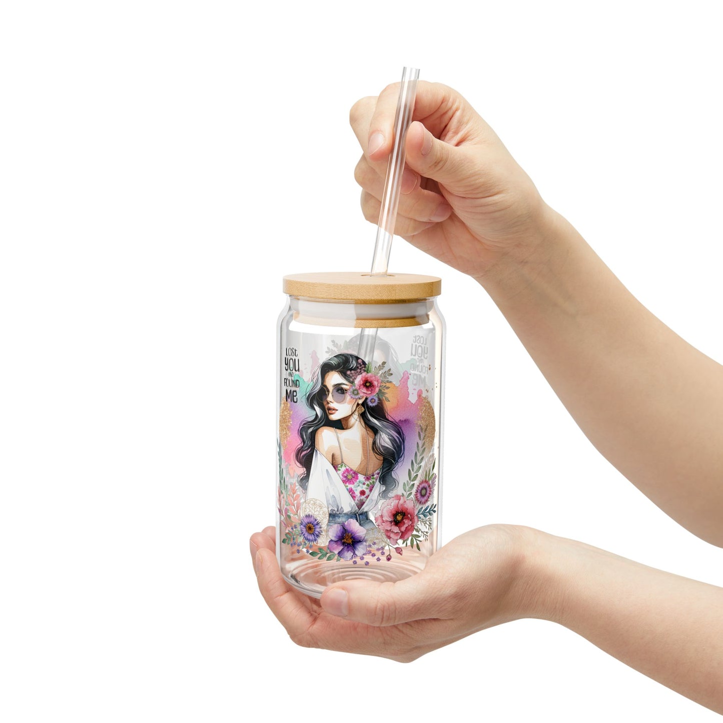 Lost You and Found Me Boho Floral Sipper Glass with Straw, 16oz, Art Glass Drinkware for Home & Parties, Vibrant Floral Design, Gift for Her, Summer Vibes