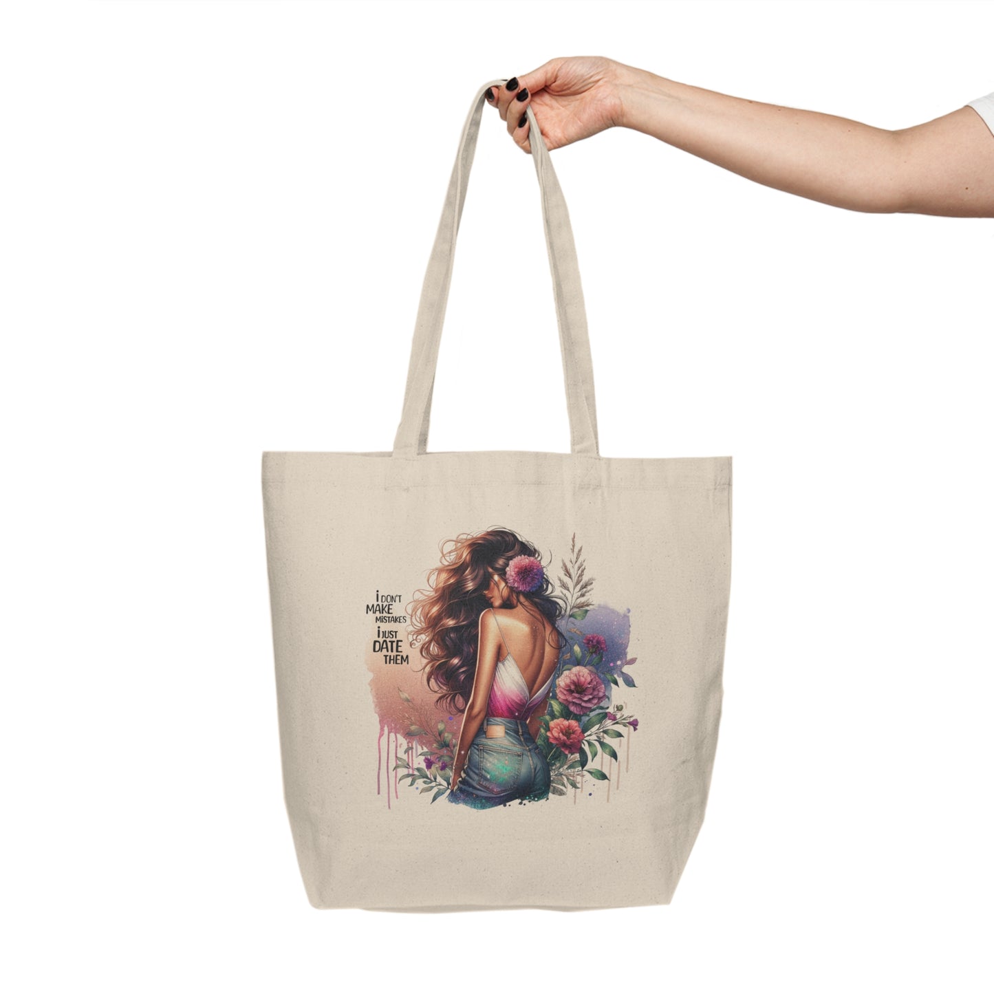 I Don`t Make Mistakes, I Just Date Them Floral Canvas Tote Bag, Inspirational Shopping Bag for Her, Boho Chic Market Tote, Gift for Friends, Eco-Friendly Carry-All