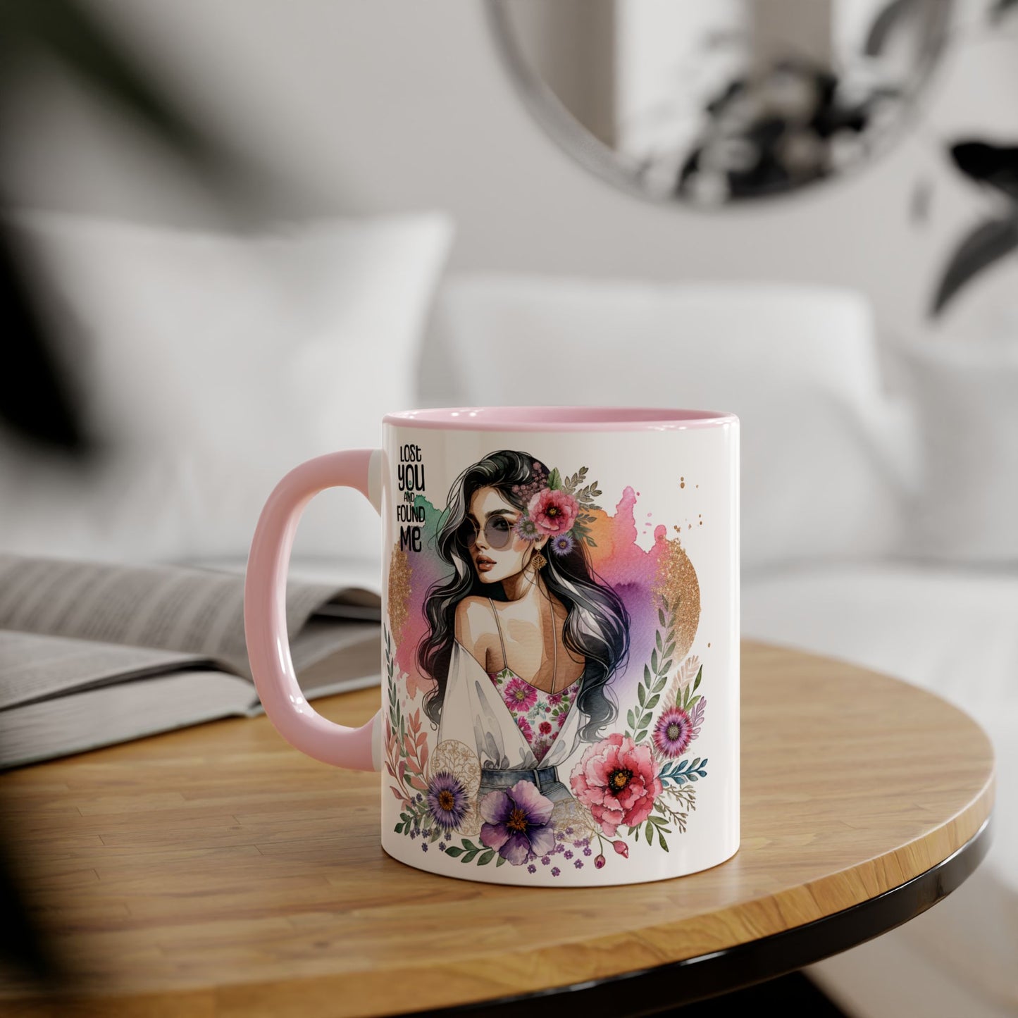 Lost You and Found Me Bohemian Floral Accent Mug, Inspirational Coffee Cup, Gift for Her, Self-Care Essentials, Unique Home Decor, Personalized Drinkware