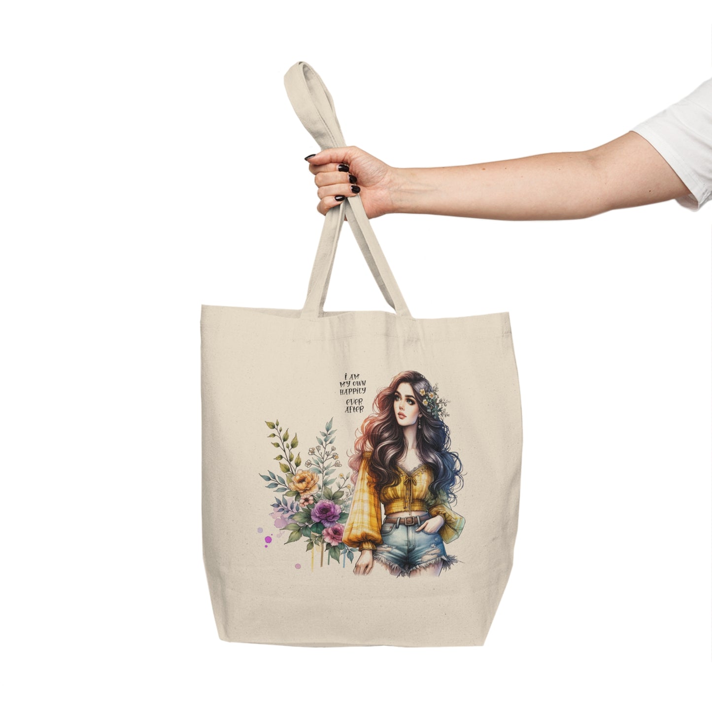 I Am My Own Happily Ever After Boho Floral Canvas Tote Bag, Eco-Friendly Shopping Bag, Beach Bag, Gift for Her, Summer Tote, Inspirational Quote Tote