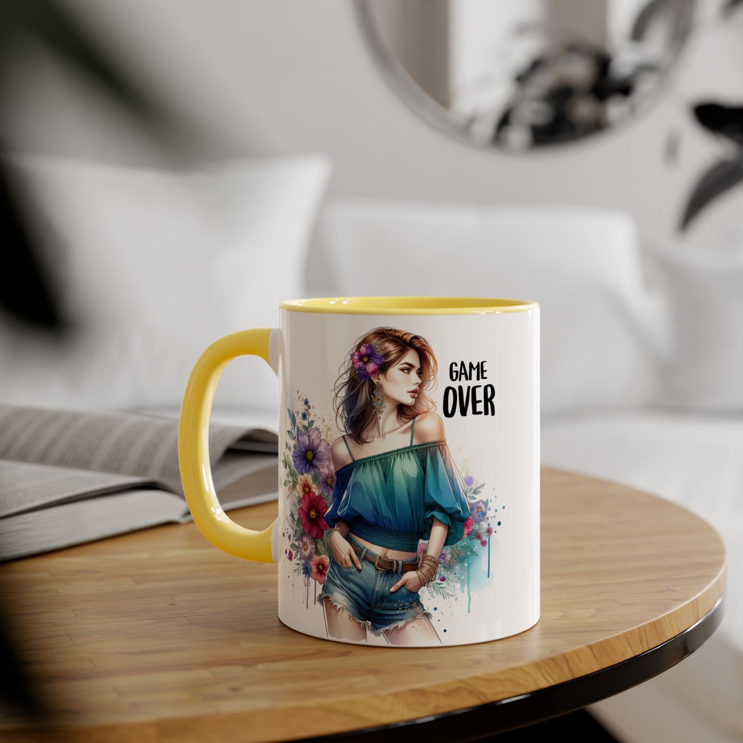 Vibrant Game Over Accent Mug - Floral Design, 11oz Coffee Cup, Unique Gift, for Gamers, Birthday or Everyday Use