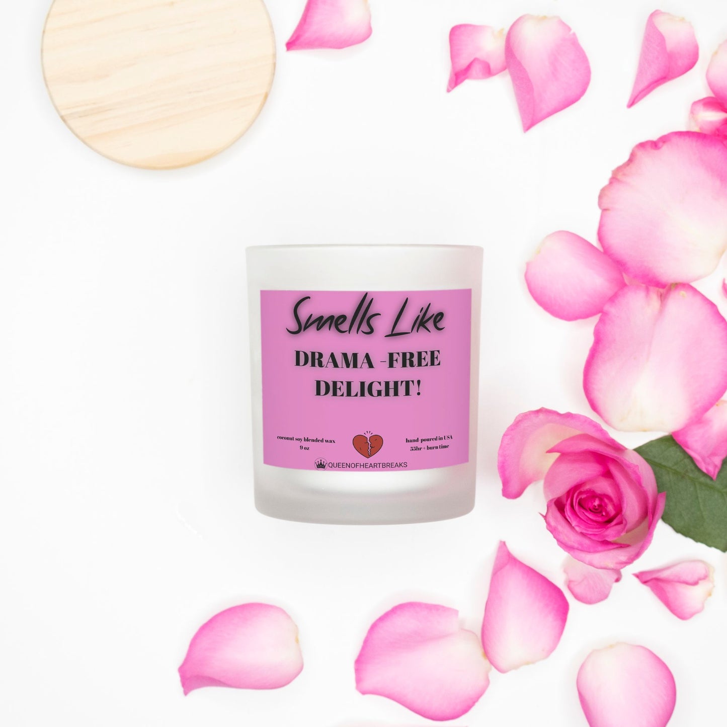 Smells Like Drama- Free Delight-Candle Frosted (Pink Wick) Glass