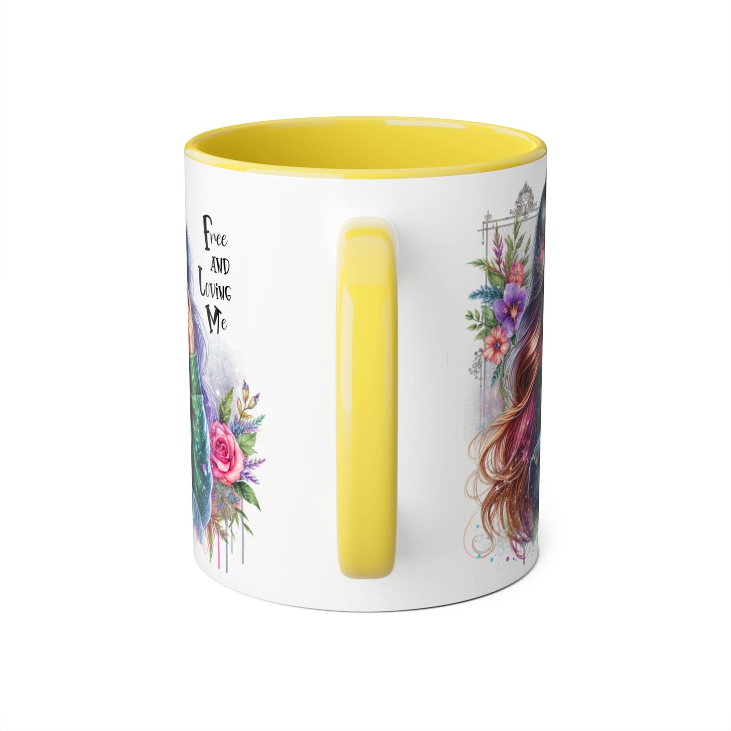 Bohemian Chic Accent Mug, Free and Loving Me 11oz Coffee Cup, Gifts for Her, Artistic Drinkware, Unique Home Decor, Floral Coffee Mug