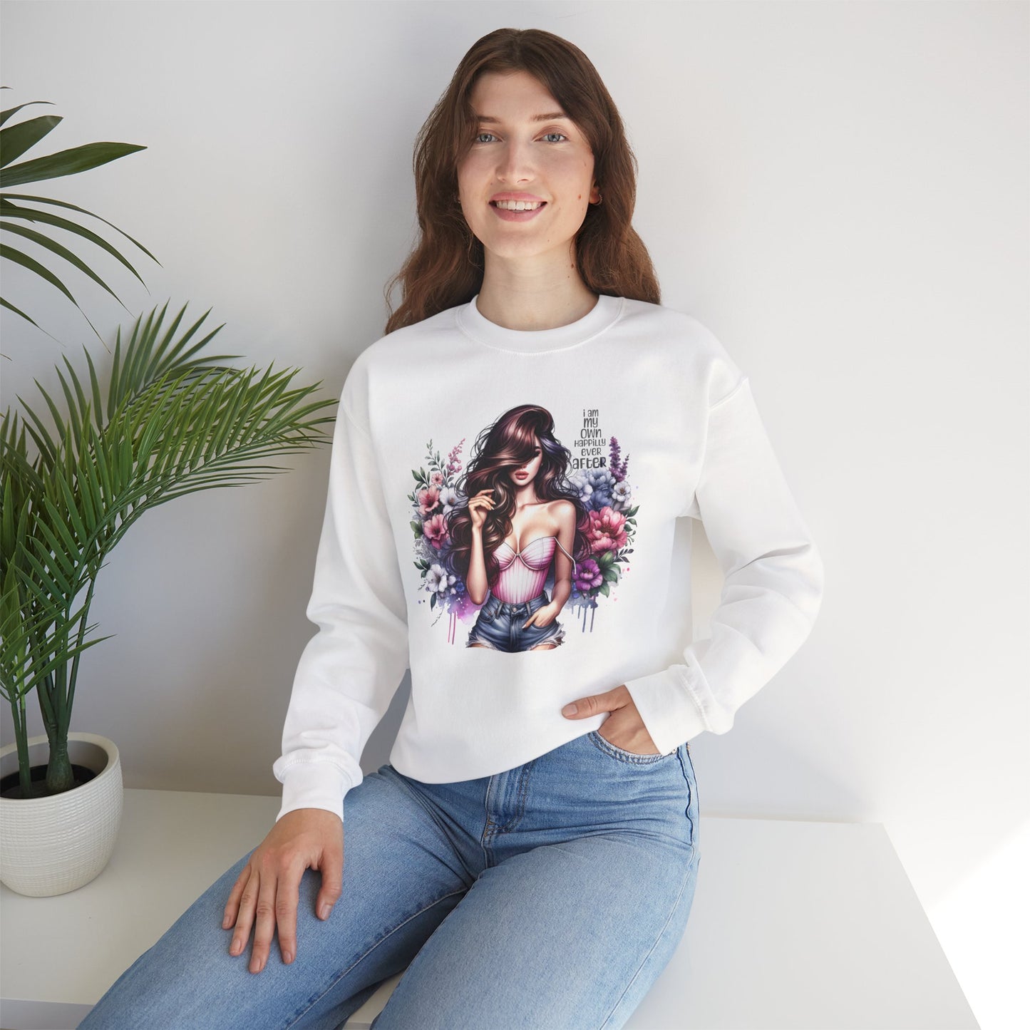 I Am My Own Happily Ever After  Floral Goddess Crewneck Sweatshirt, Cozy Women's Apparel, Boho Style, Gift for Her, Trendy Sweatshirt, Chic Layering Piece