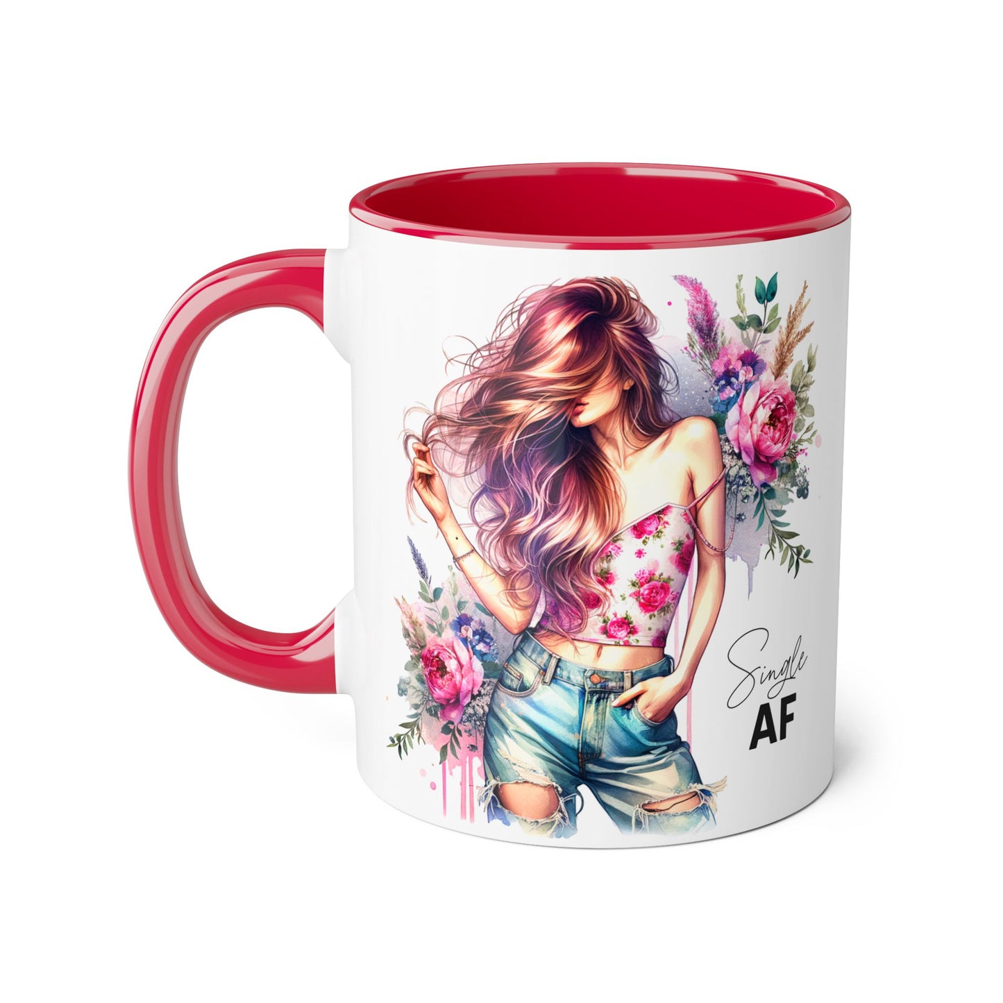 Single AF Floral Accent Mug, 11oz Coffee Cup, Gift for Singles, Cute Tea Mug, Kitchen Decor, Self-Love