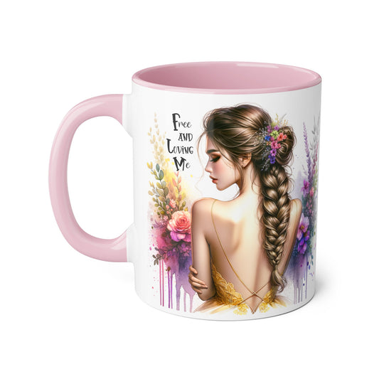 Bohemian Inspirational Mug, Free and Loving Me Coffee Cup, Unique Gift for Her, Floral Design, Tea Lover's Mug, Vintage Style Drinkware
