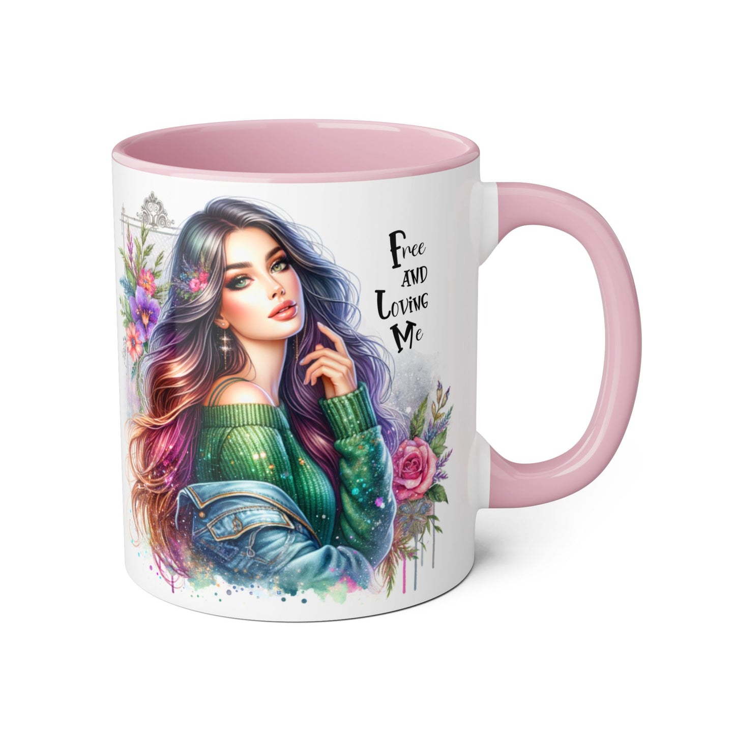 Bohemian Chic Accent Mug, Free and Loving Me 11oz Coffee Cup, Gifts for Her, Artistic Drinkware, Unique Home Decor, Floral Coffee Mug