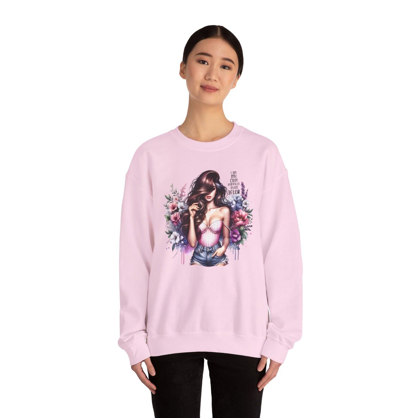 I Am My Own Happily Ever After  Floral Goddess Crewneck Sweatshirt, Cozy Women's Apparel, Boho Style, Gift for Her, Trendy Sweatshirt, Chic Layering Piece
