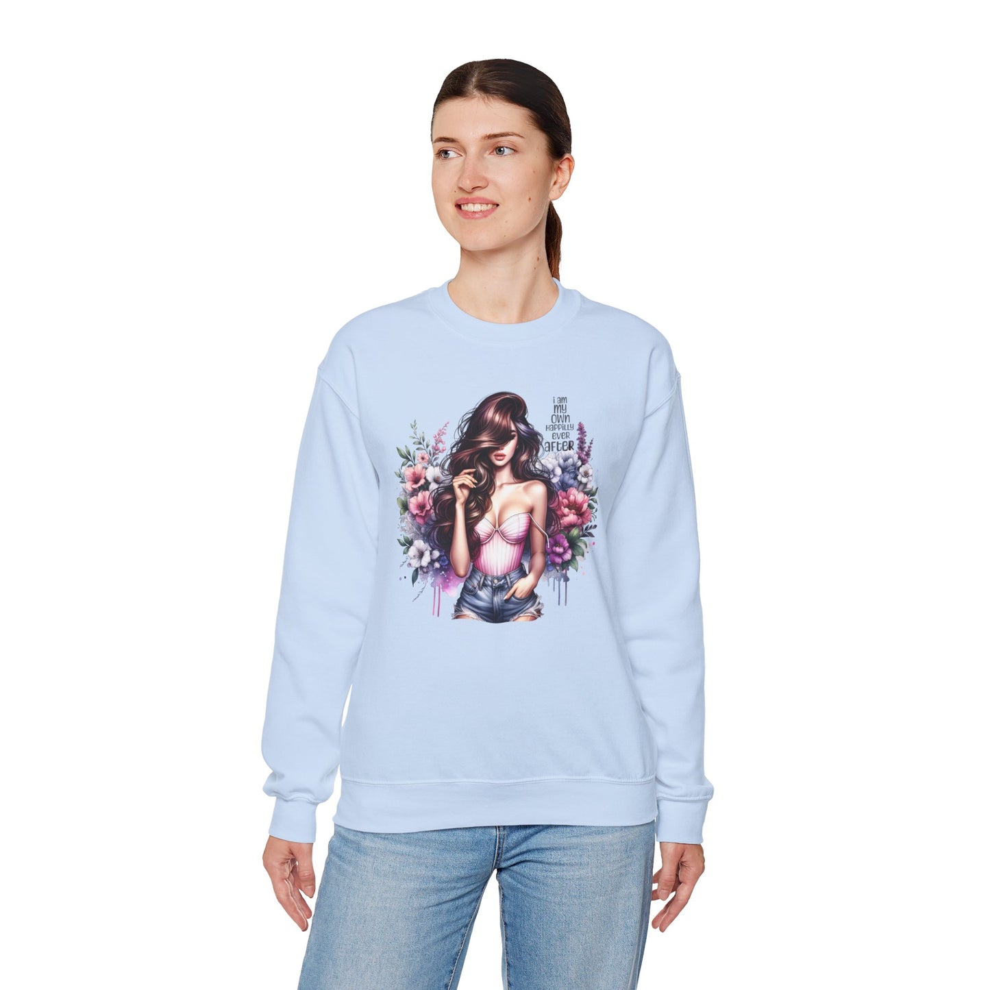 I Am My Own Happily Ever After  Floral Goddess Crewneck Sweatshirt, Cozy Women's Apparel, Boho Style, Gift for Her, Trendy Sweatshirt, Chic Layering Piece