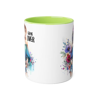 Vibrant Game Over Accent Mug - Floral Design, 11oz Coffee Cup, Unique Gift, for Gamers, Birthday or Everyday Use
