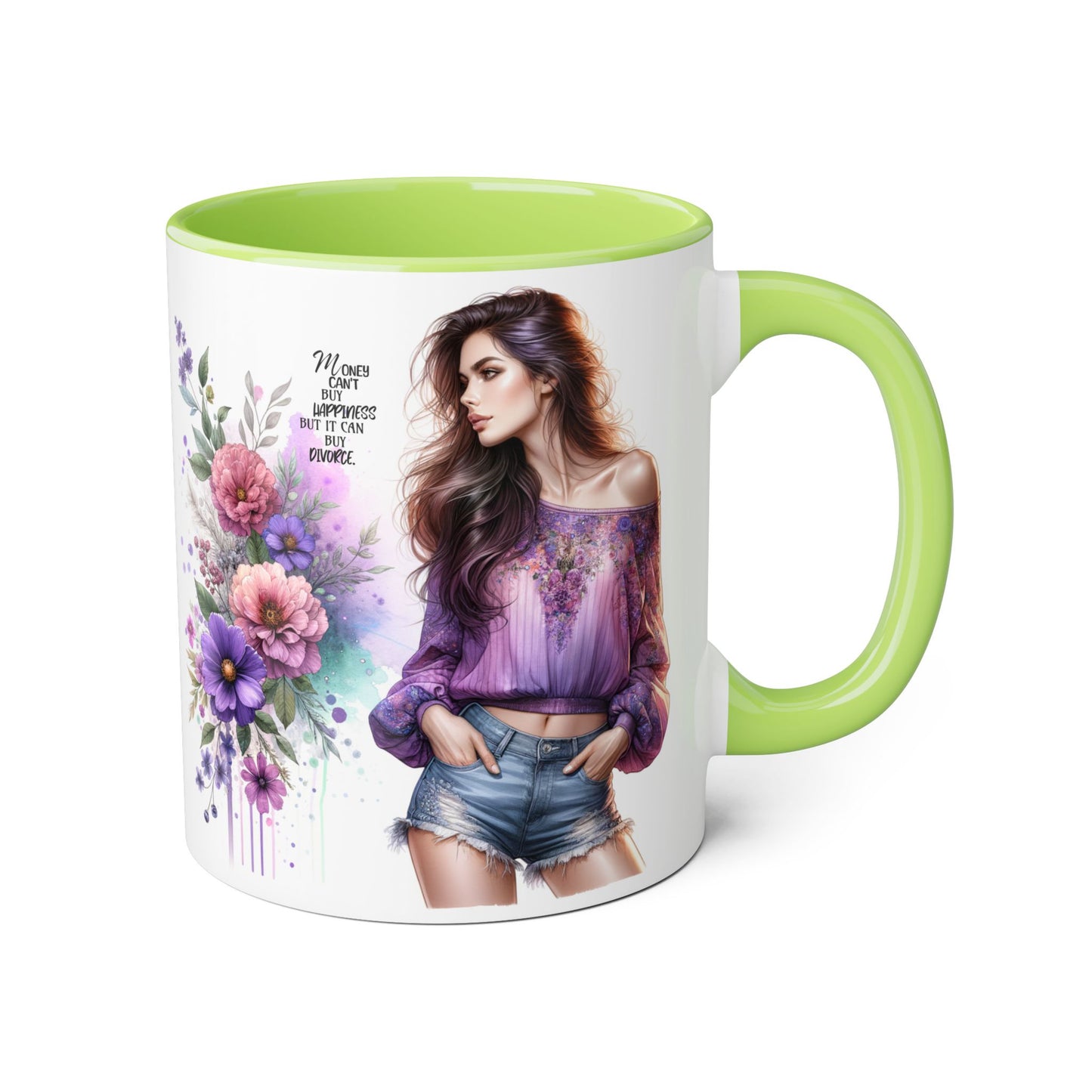 Money Can't Buy Happiness But It Can Buy Divorce Humoristic Stylish Floral Accent Mug, Coffee Cup, Gift for Her, Home Decor, Inspirational Quote, Unique Design