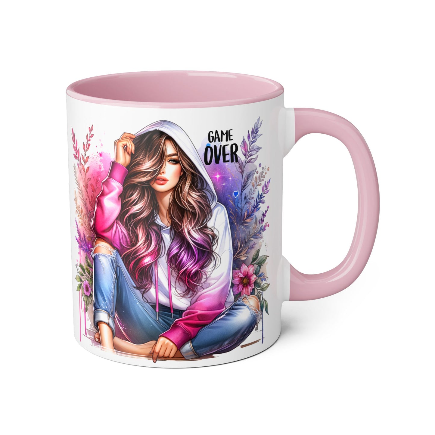 Stylish Gamer Mug, Game Over Coffee Cup, Floral Art Drinkware, Cute Gift for Gamers, Trendy Ceramic Tea Mug