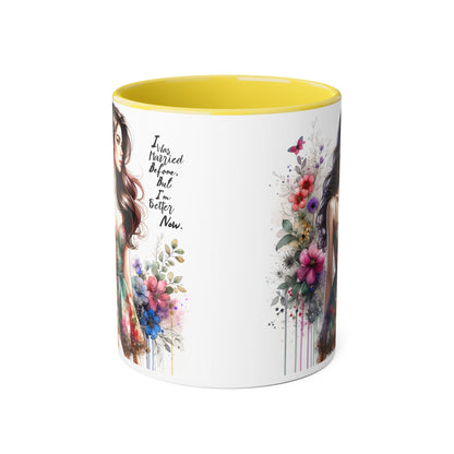 I Was Married Before But I'm Better Now Humoristic Inspirational Floral Accent Mug, Motivational Gift for Her, Home Decor Coffee Cup, Artful Tea Mug, Unique Present for Self-Care