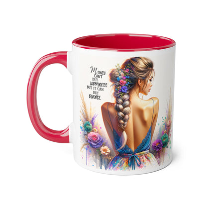 Money Can't Buy Happiness But It Can Buy Divorce Humoristic Empowering Accent Mugs | Inspirational Gift for Women | Unique Coffee Mug | Floral Design | Self-Care Reminder | Motivational Quote