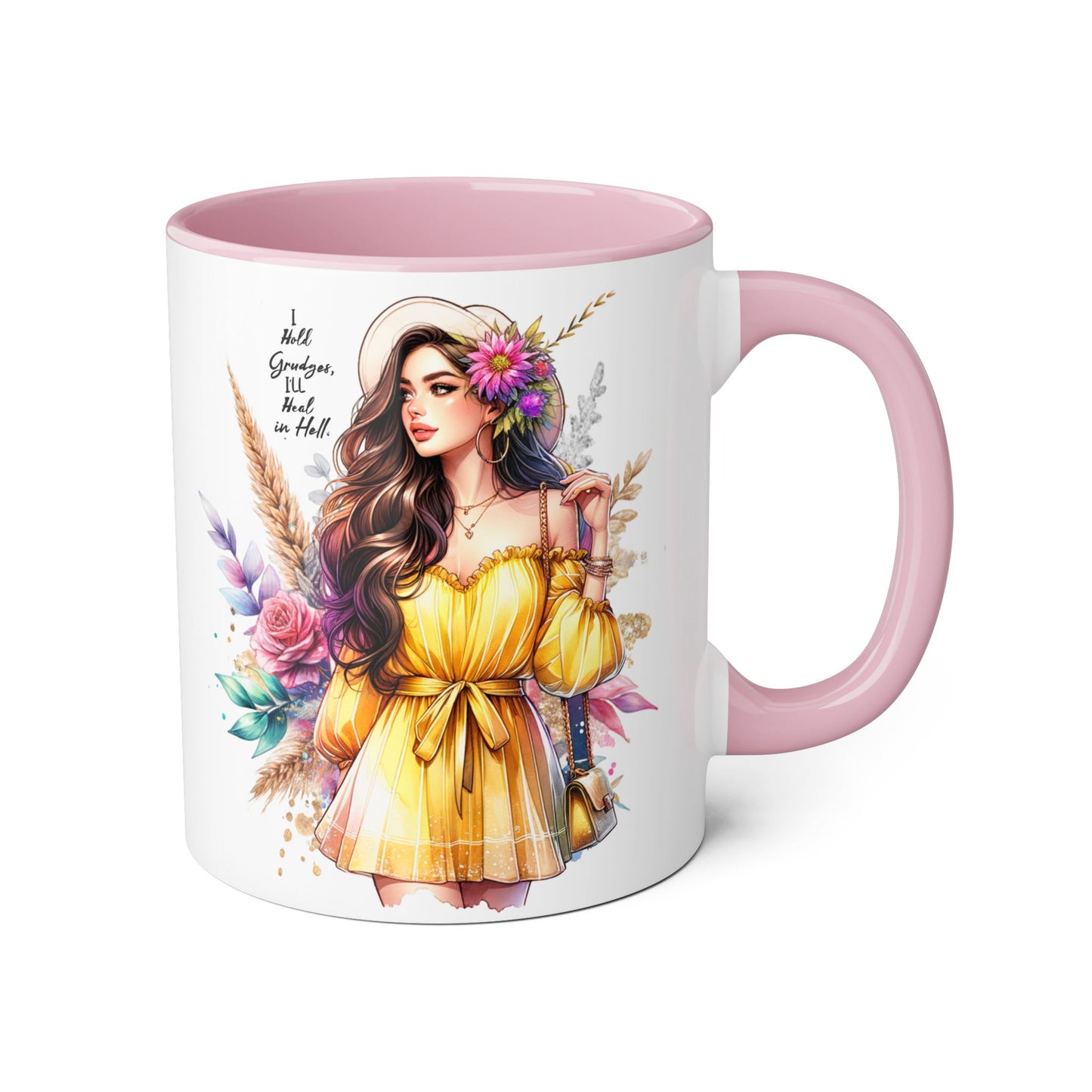 I Hold Grudges, I'll Heal in Hell  Humoristic Bohemian Accent Mug, Colorful Floral Art, Gift for Her, Coffee Lover's Dream, Inspirational Quote