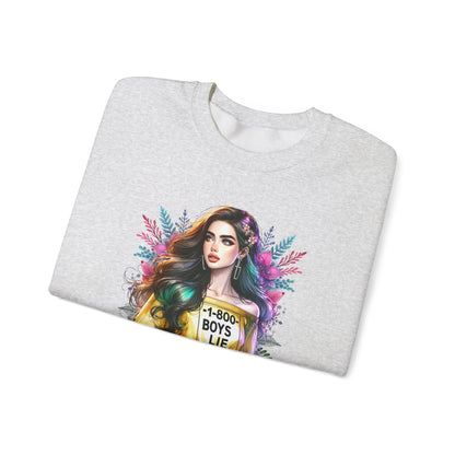 1-800-Boys-Lie Colorful Graphic Crewneck Sweatshirt - 'Boys Lie' Design, Unisex Sweatshirt, Trendy Gift, Casual Wear, Comfortable Outfit