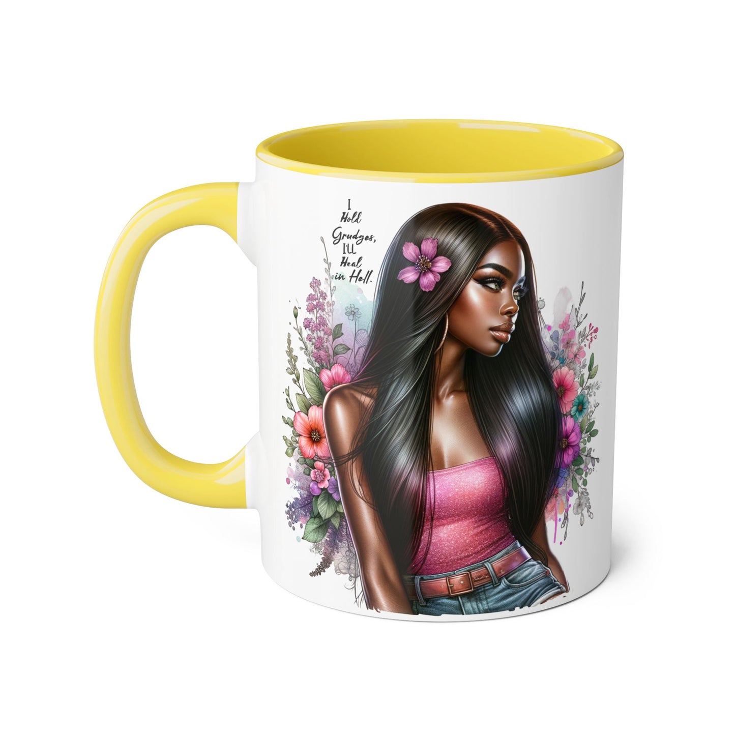 I Hold Grudges, I'll Heal in Hell  Humoristic Floral Portrait Coffee Mug - Perfect Gift for Her, Stylish Home Decor, Inspirational Quote, Unique Tea Cup, Birthday Treat
