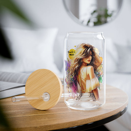 Thank U, Next Stylish Sipper Glass with Eco-Friendly Bamboo Lid, Perfect for Drinks, Gifts, Home Decor, Summer Parties, Inspirational Quotes
