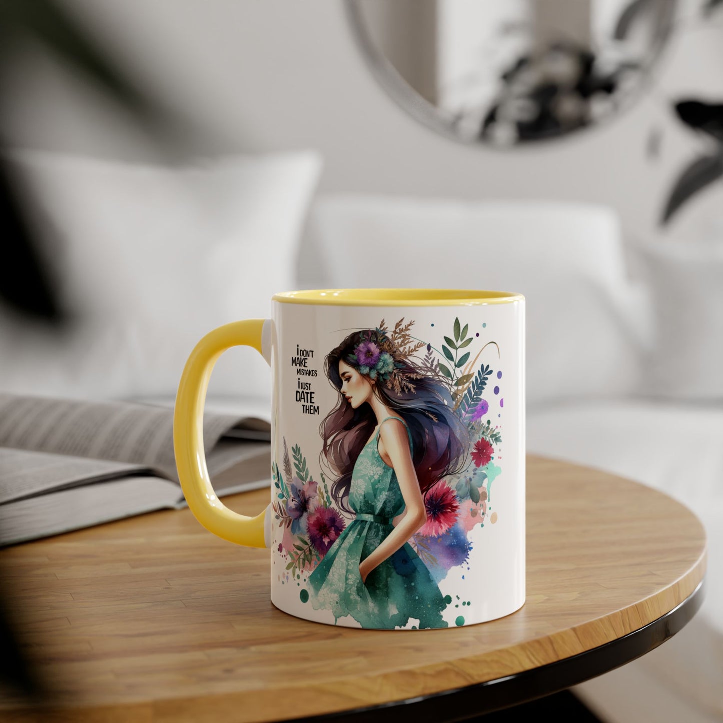 I Don't Make Mistakes, I Date Them Watercolor Floral Accent Mugs, Inspirational Coffee Cup for Nature Lovers, Gift for Her, Self-Care, Boho Style