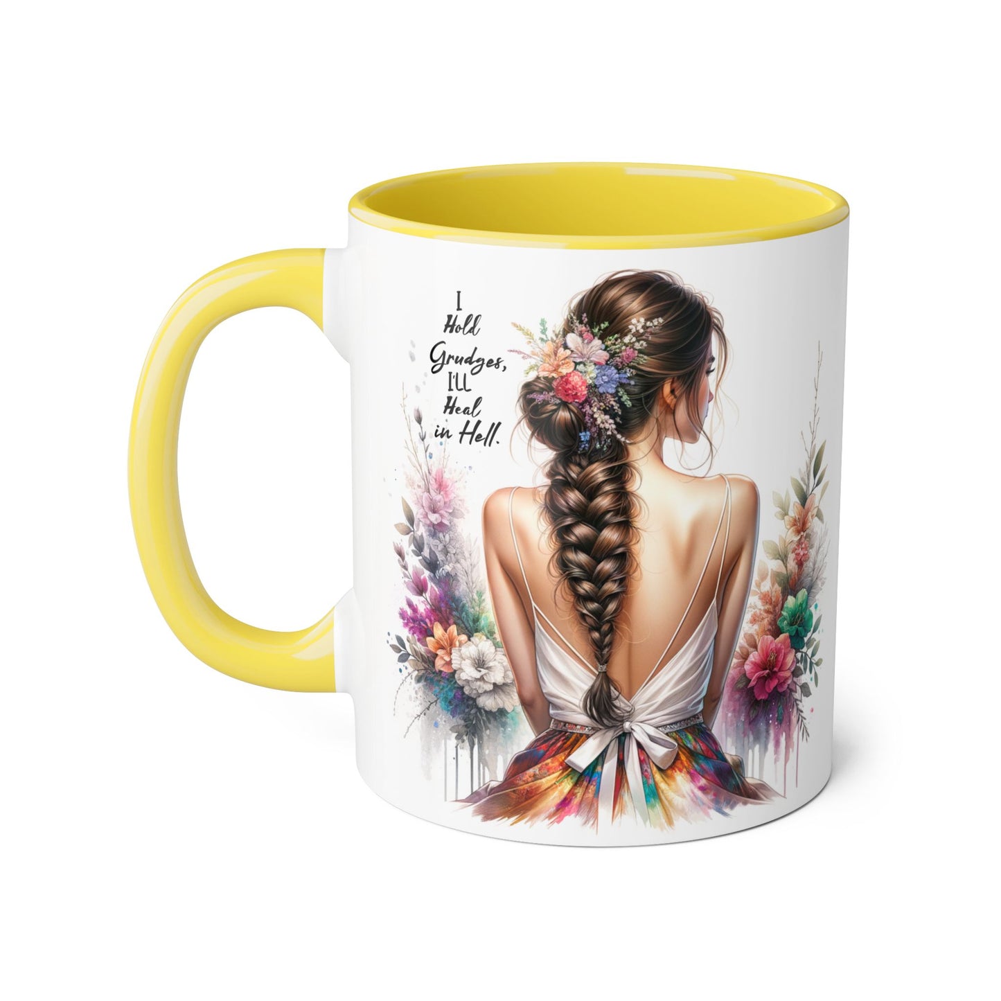 I Hold Grudges, I'll Heal in Hell Floral Art Accent Mug, Coffee Cup Gift, Inspirational Drinkware, Home Decor, Unique Present for Friends