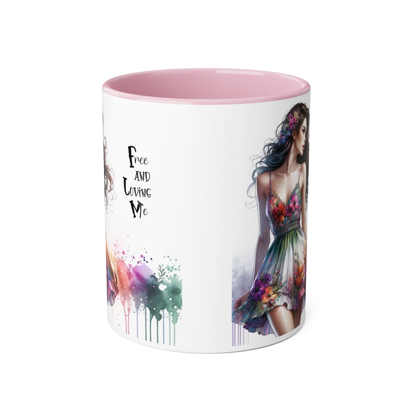 Floral Art Inspirational Coffee Mug, Free and Loving Me, Gift for Her, Colorful Drinkware, Boho Mug, Artistic Tea Cup