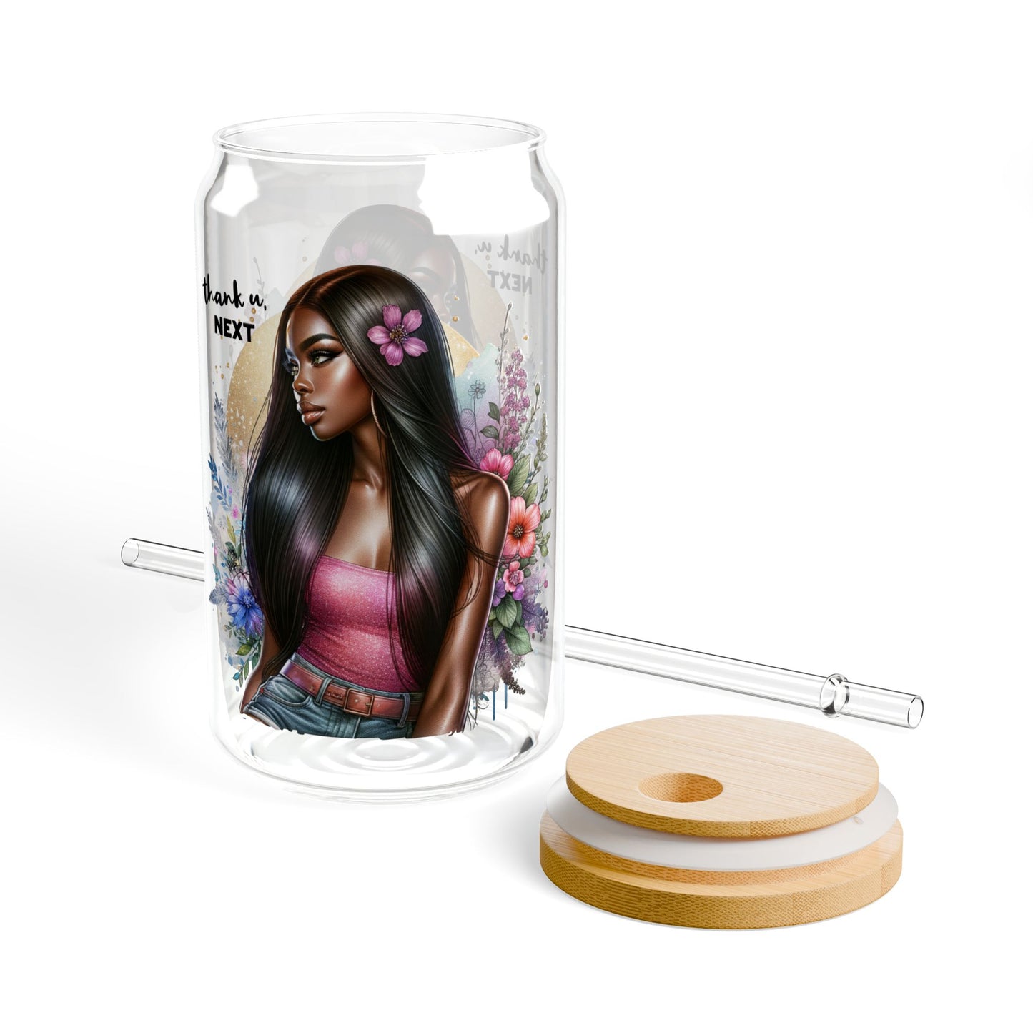 Thank U, Next Fashionable Sipper Glass, 16oz | Stylish Drinkware, Gift for Her, Summer Party, Eco-Friendly, Floral Design, Trendy Hydration