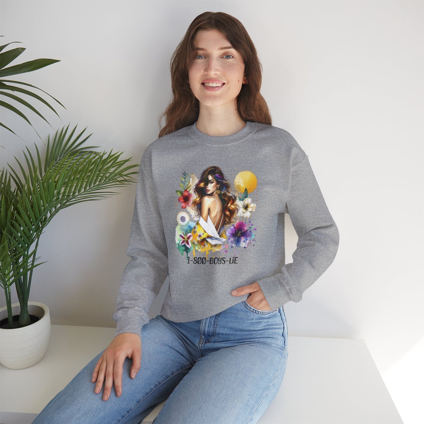 1-800-Boys-Lie Bohemian Floral Crewneck Sweatshirt, Trendy Oversized Sweater, Unique Gift for Her, Cozy Fall Apparel, Birthday & Casual Wear
