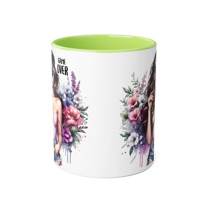 Game Over Floral Accent Mug - 11oz, Coffee Cup for Her, Gift for Gamers, Fun Tea Mug, Unique Kitchen Decor, Women’s Gift Idea