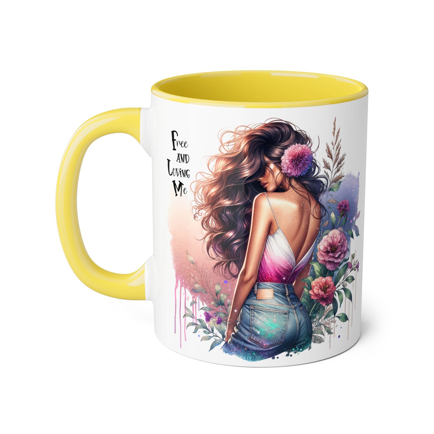 Free and Loving Me Boho Floral Accent Mug, 11oz Coffee Cup, Inspirational Mug for Women, Gift for Friends, Cozy Home Decor, Self-Love Reminder