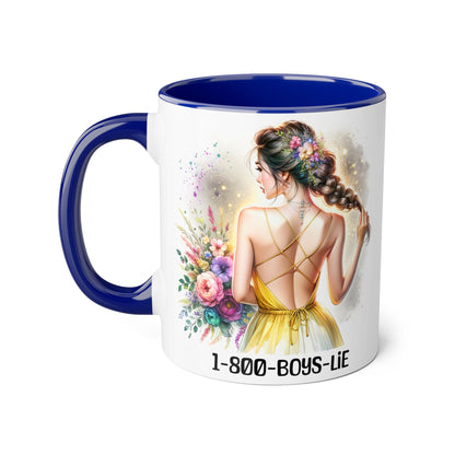 1-800-BOYS-LIE Chic Floral Accent Mug, Artistic Coffee Cup, Gift for Her, Inspirational Tea Mug, Floral Design Drinkware, Home Decor
