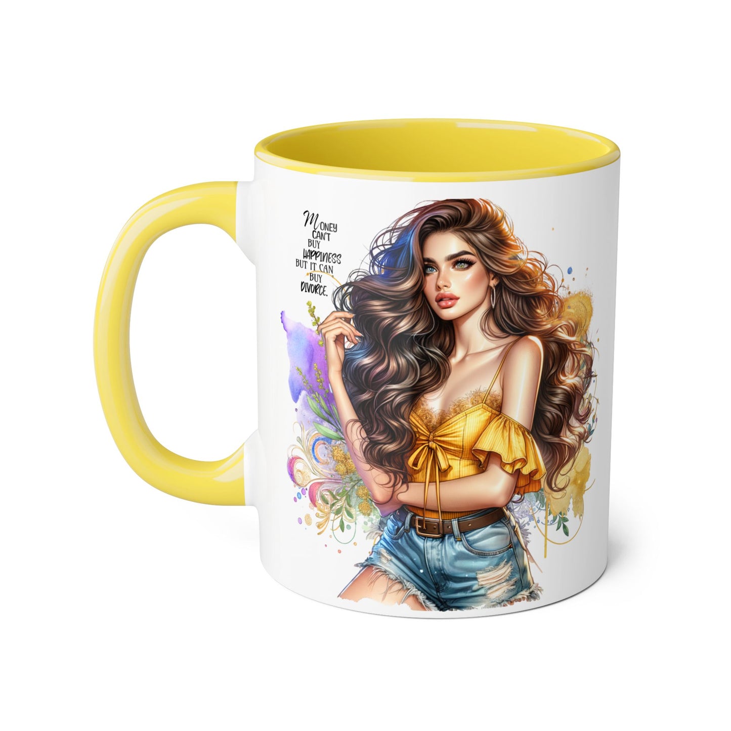 Money Can't Buy Happiness But It Can Buy Divorce Humoristic Empowering Accent Mug, Inspirational Coffee Cup, Artful Drinkware for Self-Care, Perfect Gift for Birthdays, Motivational Decor