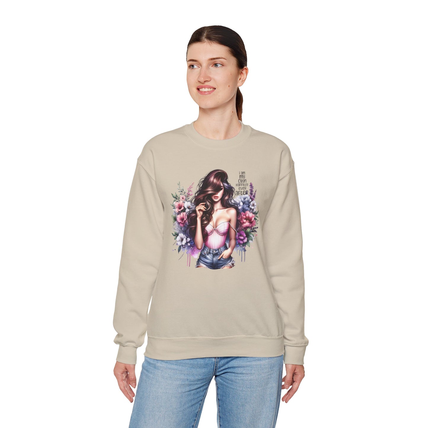 I Am My Own Happily Ever After  Floral Goddess Crewneck Sweatshirt, Cozy Women's Apparel, Boho Style, Gift for Her, Trendy Sweatshirt, Chic Layering Piece