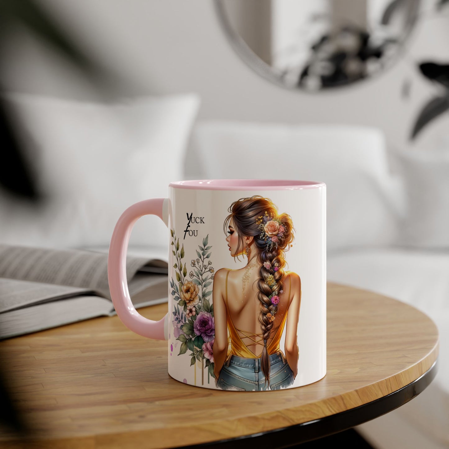 Yuck Fou Stylish Flower Girl Accent Mug, 11oz Coffee Cup, Unique Gift, Home Decor, Floral Mug for Friends, Mothers Day, Inspirational Quotes